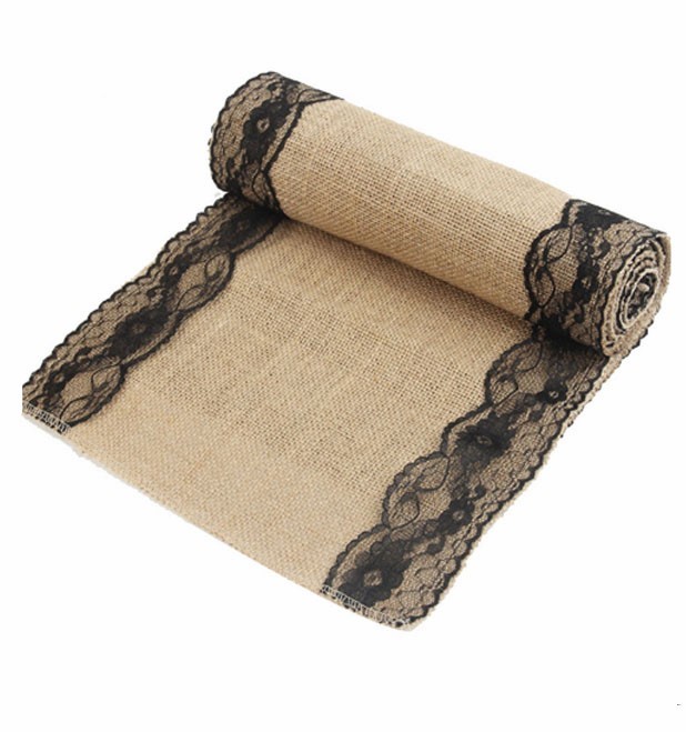 Burlap and Lace Vintage Table Runner Black